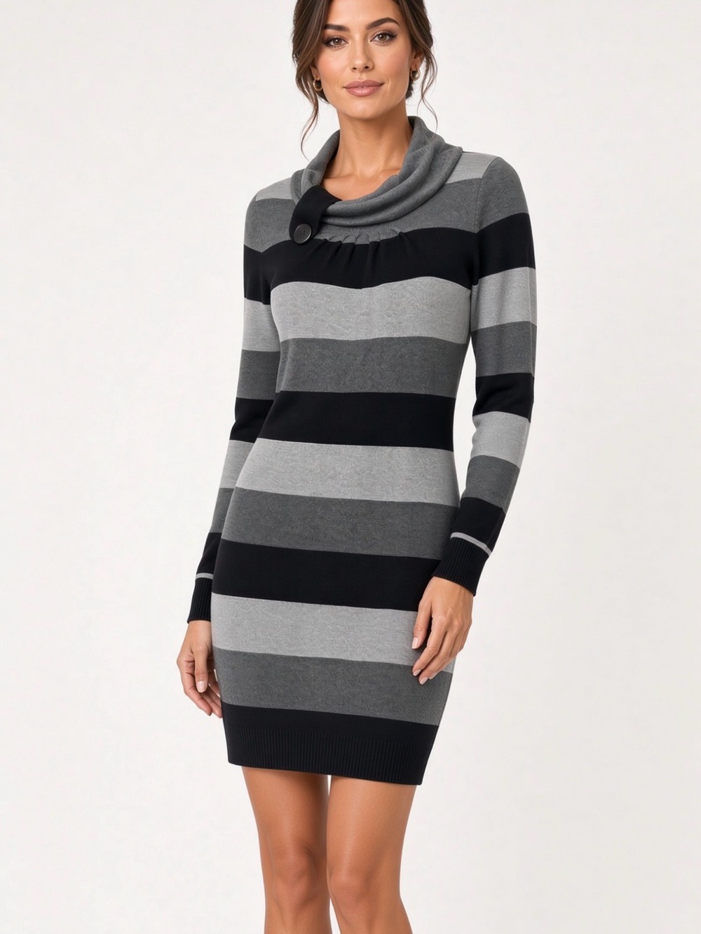 Striped Gray & Black Cowl Neck Sweater Dress